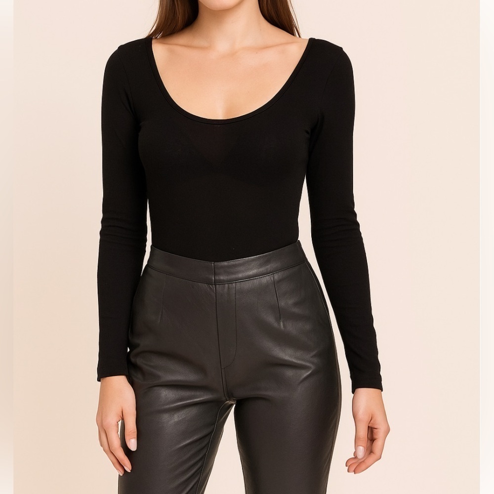 Garage Semi Sheer Stretchy Basic Long Sleeve Affordable Black Bodysuit Size M